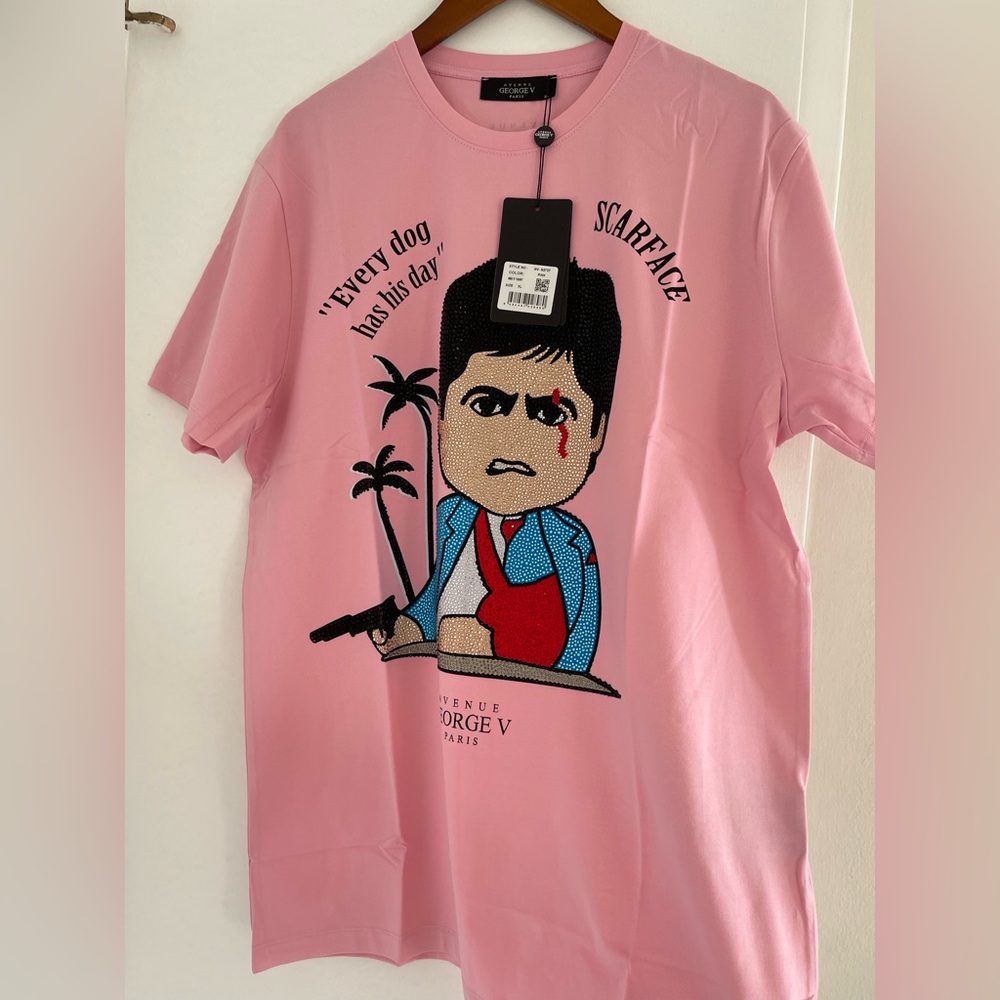 Avenue George v Paris T-Shirt luxury Scarface with rhinestones  Large 2XL 3XL